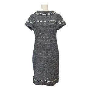 Per Se Black White Tweed Sheath Dress Size 4 Sequin Back Zipper Slit